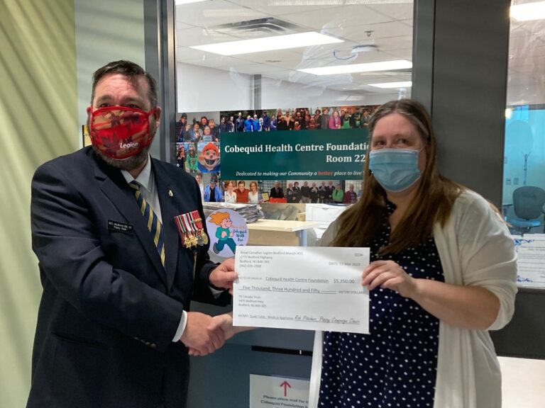 The Bedford Legion Poppy Campaign Chair, Comrade Rob Pitcher presents Cobequid Health Centre Foundation's Executive Director, Stacey Chapman with a cheque for $5,350.00. The money will be used to purchase a "Quad table" which is used to strengthen the muscles of the lower extremities and can be used to regain functions for a wide variety of patients. It will be particularly beneficial during pre-op total knee replacement rehabilitation. This item will be used at Cobequid in their Physiotherapy / Occupational Therapy Department.